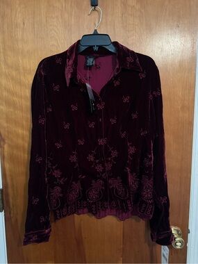 ECI Burgundy Velvet Embroidered Button-Down Shirt